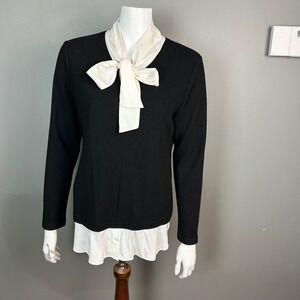 DREW Sweater‎ Top Medium Black Secretary Bow Layered Blouse Career Corporate